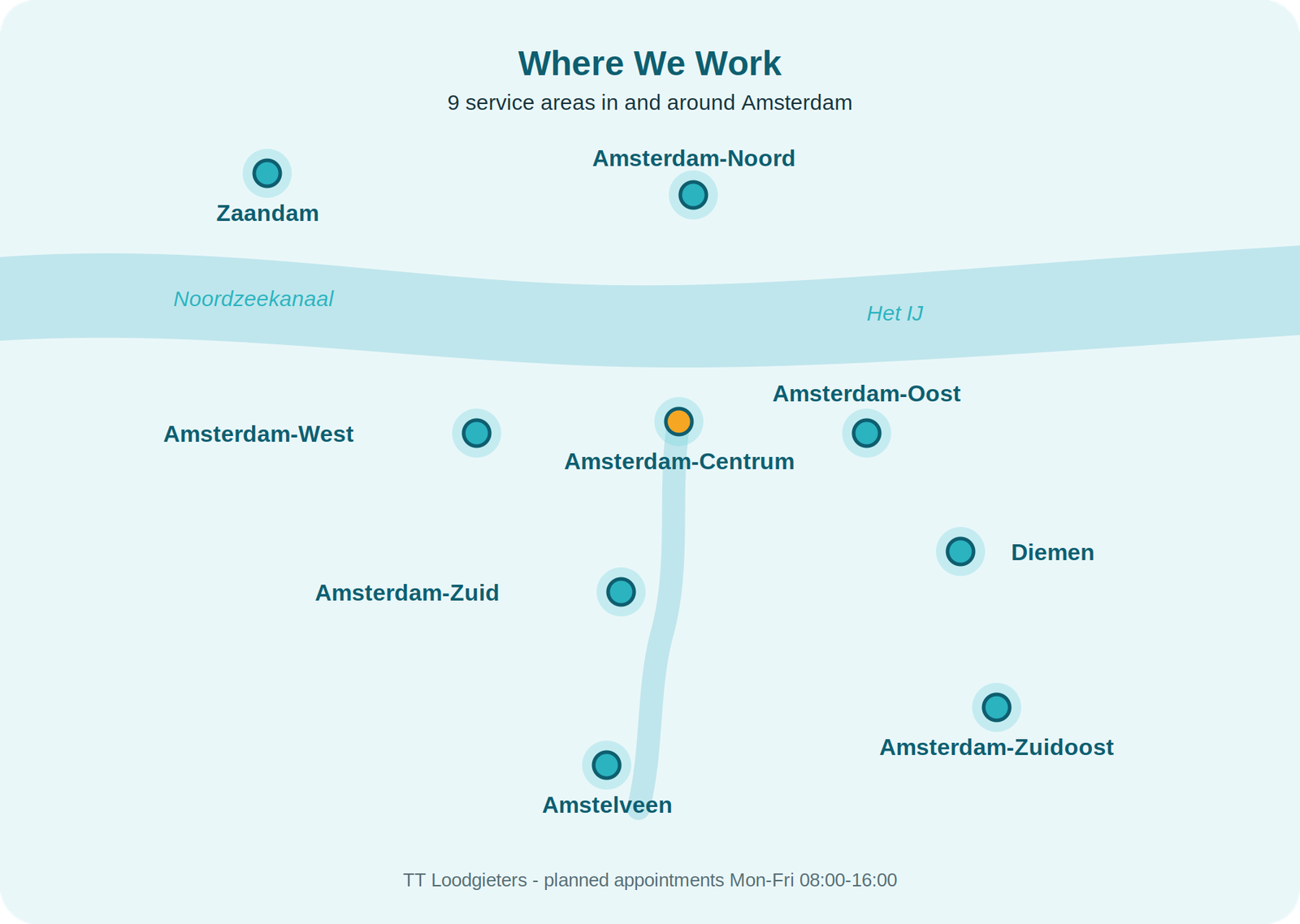 Service area map TT Loodgieters - Amsterdam, Amstelveen, Diemen and Zaandam